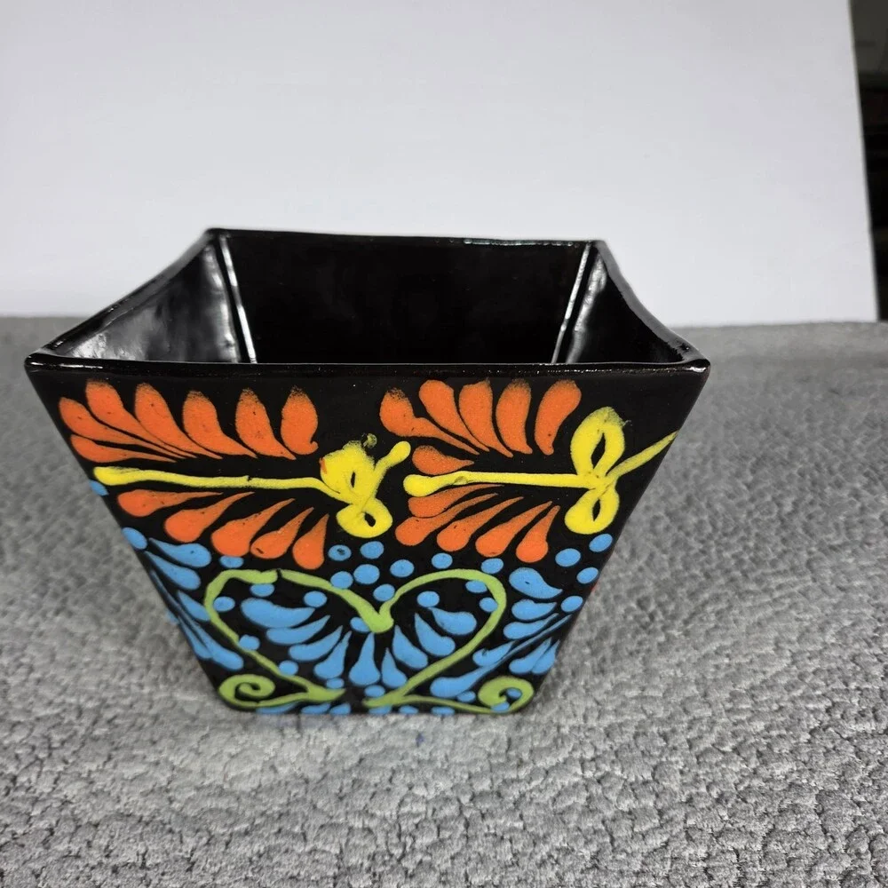 Black Square Planter Hand Painted Mexican Art Clay Pot